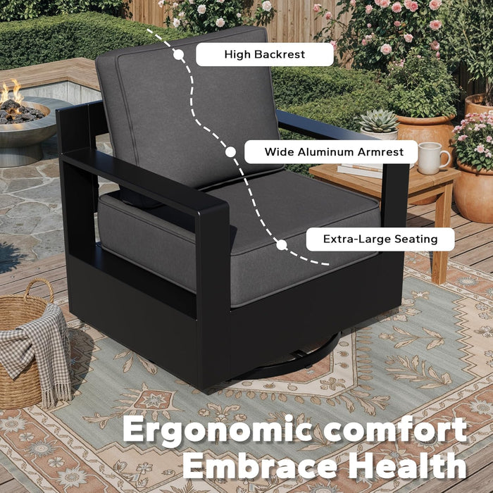 Outdoor Aluminum Furniture Set, 5-Piece Patio Conversation Set, 4 Swivel Chairs and 1 Sofa, All-Weather Metal Frame, 6" Thick Removable Cushions, Deep Setting for Garden, Poolside and Porch