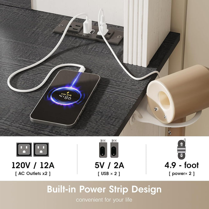 Farmhouse Vanity Desk with Mirror and Lights, Makeup Vanity Table with Charging Station, 45" Bedroom Table with 4 Drawers and Cabinets, 3 Lighting Modes, White