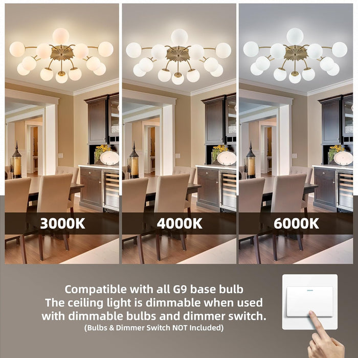 38.1 In. 12-Light Mid Century Modern Sputnik Chandelier Gold Semi Flush Mount Ceiling Light, Opal Glass Bubble and Blossom Accent Milk Glass Bubble Lighting Fixture for Dining Living Entry