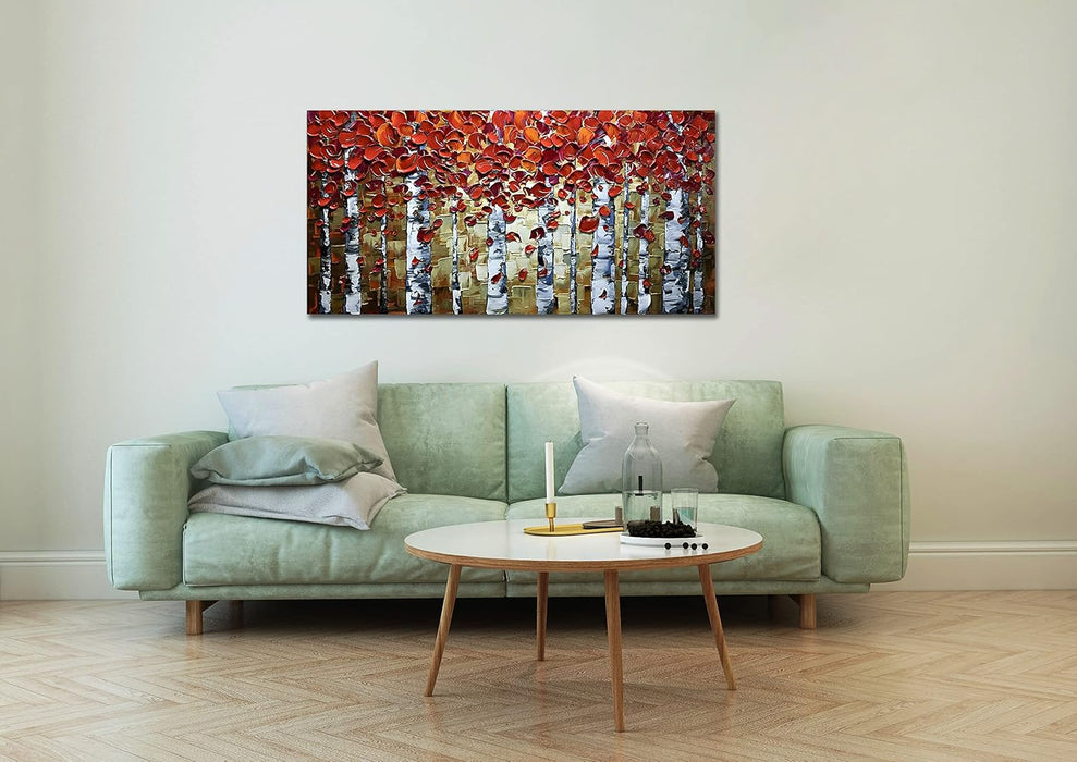 Art, 24X48 Inch Paintings Oil Abstract Red Birch Trees Wall Art Contemporary 3D Hand-Painted on Canvas Artwork Art Wood inside Framed Hanging Living Room Bedroom Wall Decoration