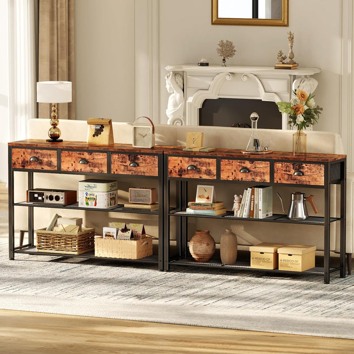Entryway Table, 38'' Console Sofa Table with 3 Fabric Drawers, Industrial Entry Way Table with Storage Shelves, Display Shelf for Living Room, Hallway, Entrance, Foyer, Rustic Brown