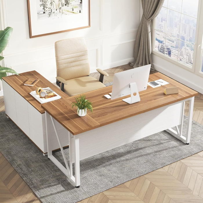 63-Inch Executive Computer Desk with 47-Inch Lateral File Cabinet, Large Workstation Business Furniture, L Shaped Desk with Drawers and Storage Shelves for Home Office, Walnut & White