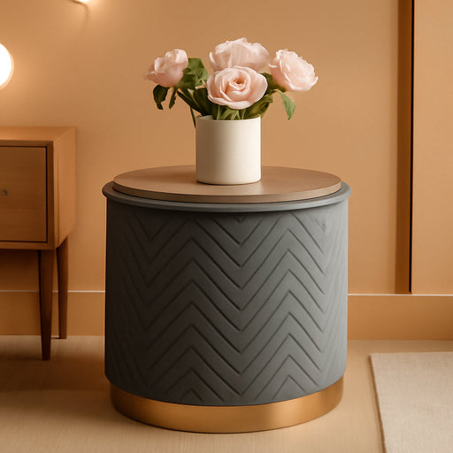 Ottoman with Stroage, round Velvet Storage Ottoman with Gold Plating Base,Foot Rest Stool for Dorm Room, Living Room Grey, 14.76"X14.76"X16.34"