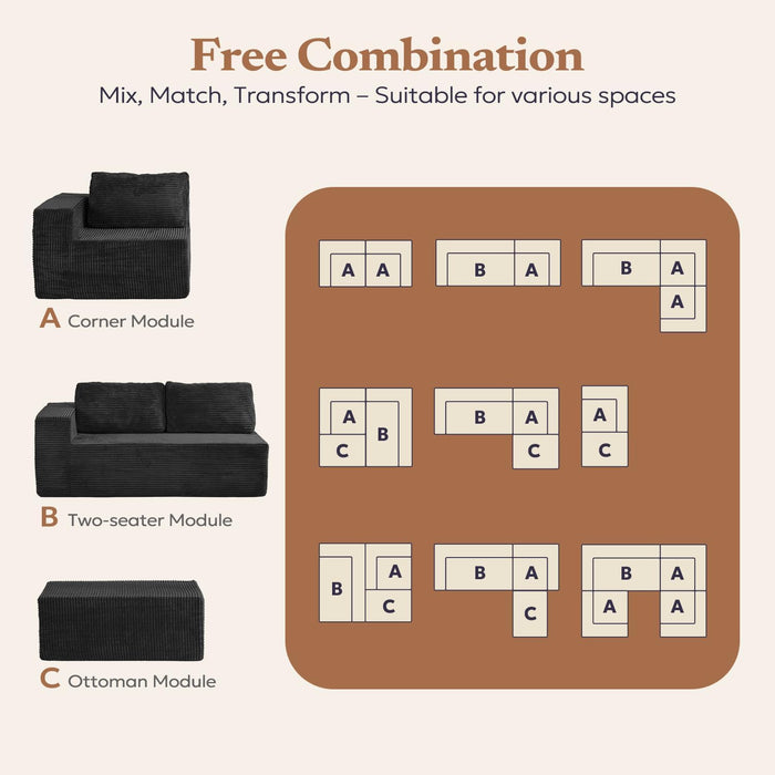 106 Inch Modular Sectional Sofa Black CorduroyFabric