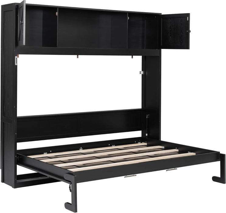 Full Size Murphy Bed with 2 Storage Cabinets, Wood Hidden Foldable Wall Bed Frame W/Bookcase Shelves, Storage Bed Cabinet for Bedroom, Office, Space-Saving, No Box Spring Needed, Black