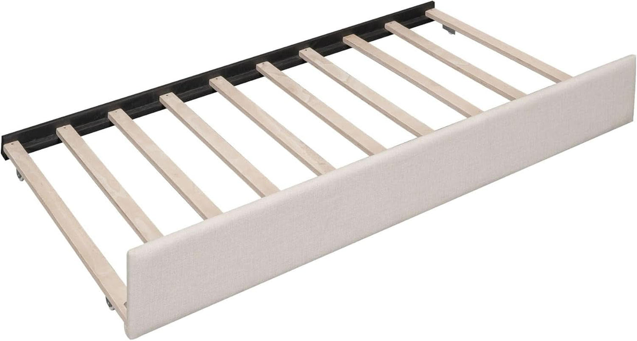 Queen Linen Upholstered Platform USB Ports and Twin Size Trundle,Modern Wooden Bed Frame W/Wood Slats Support,No Box Spring Required,For Dormitory,Apartment,Beige