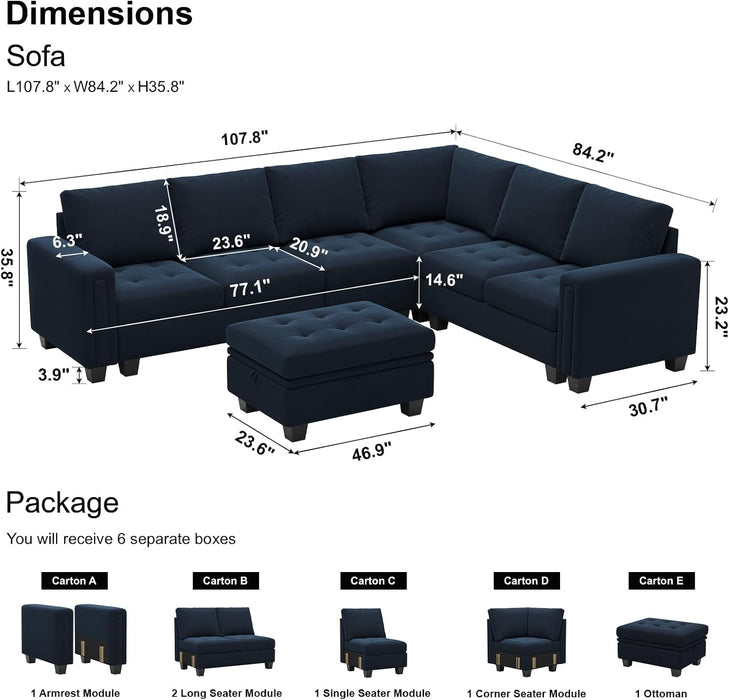 Velvet L Shaped Sofa Couch with Reversible Chaise Convertible Modular Sectional Sofa Set with Storage Ottoman Corner Sofa Set for Living Room Blue