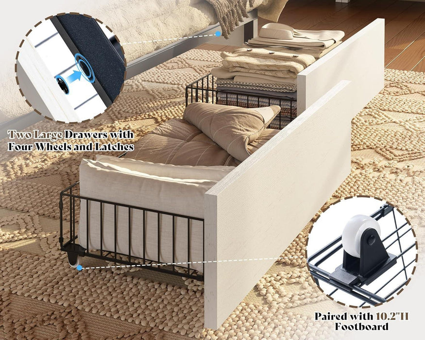 Queen Bed Frame with Hidden Sliding Bookcase Headboard, Charging Station, 2 Large Storage Drawers, Metal & Wood Platform, Farmhouse, No Box Spring Needed, White & Barnwood