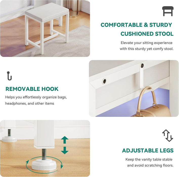 Vanity Desk with Lighted Strip & Charging Station, Makeup Table with 4 Drawers and Padded Stool, Mirror Not Included