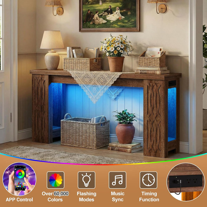 63" Console Table with Outlet, Farmhouse Entryway Table with Colorful LED Lights, Wooden Sofa Table with Unique Carved Design, Foyer Accent Table for Entrance, Hallway, Living Room