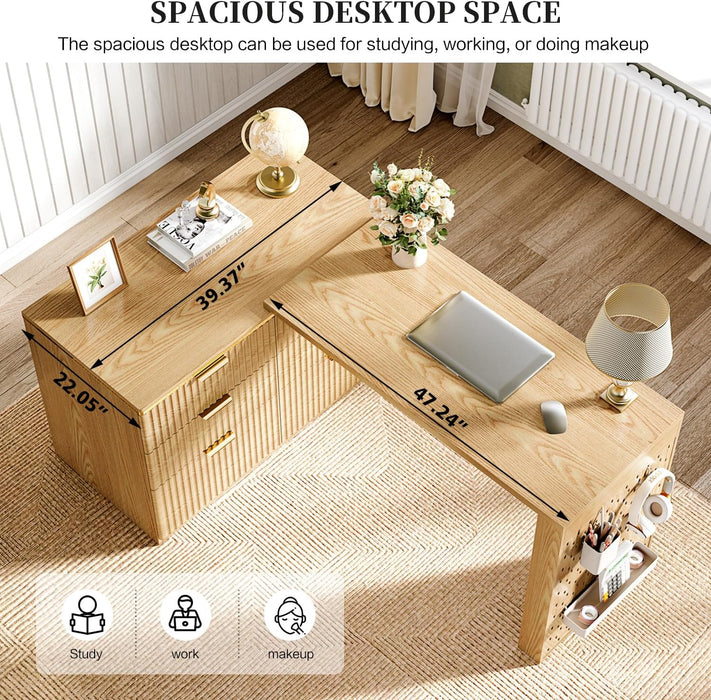 Oak FortySevenInch LShapedCorner Desk With Drawers