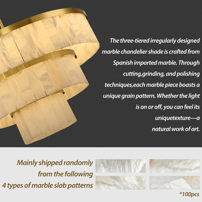 Round Alabaster Chandelier, 3 Tiers Natural Marble Chandelier D34"Gold Chandeliers for Dining Room, Modern Brass High Ceiling Chandeliers for Living Room, Foyer, Entryway, Staircase(Include 15 Bulbs )