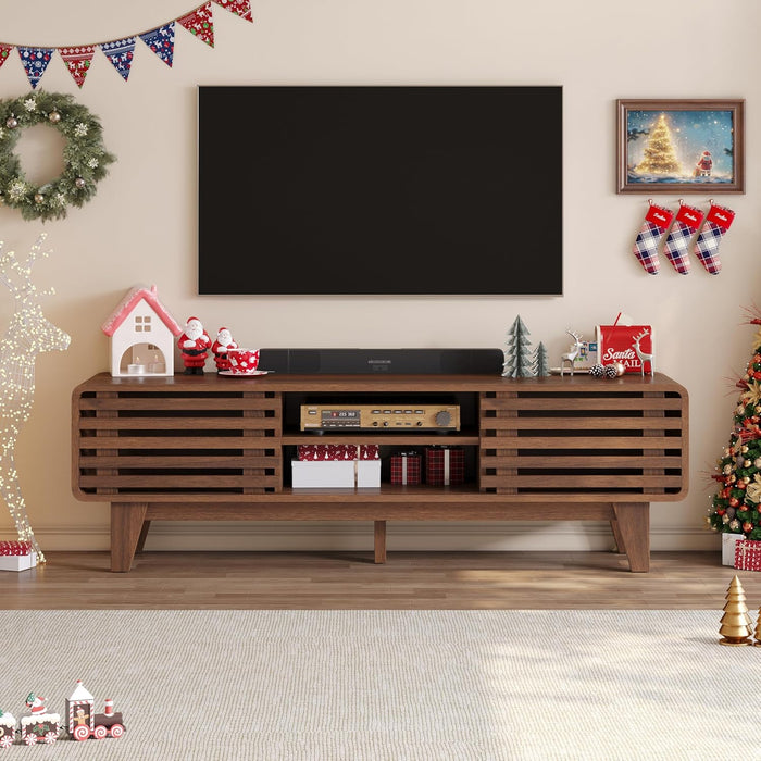TV Stand for 60 Inch TV, Mid Century Modern Entertainment Center with Storage Boho Television Stand with Shelves and Grille Sliding Doors Wood Media Console for Living Room, Walnut
