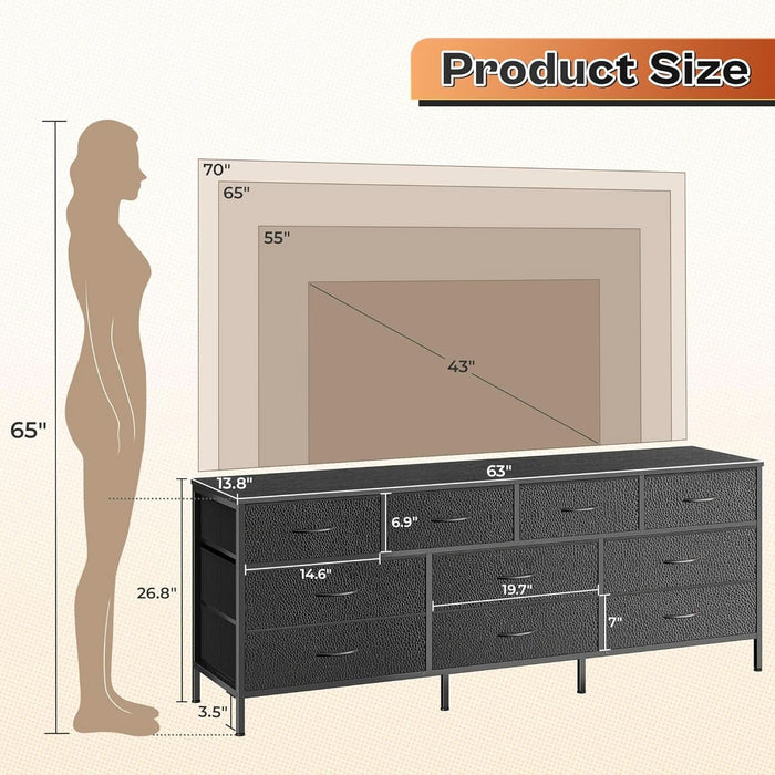 63 Inch TV Stand Dresser With 10 Fabric Drawers Black ShipItFurniture 63 Inch TV Stand Dresser With 10 Fabric Drawers Black ShipItFurniture