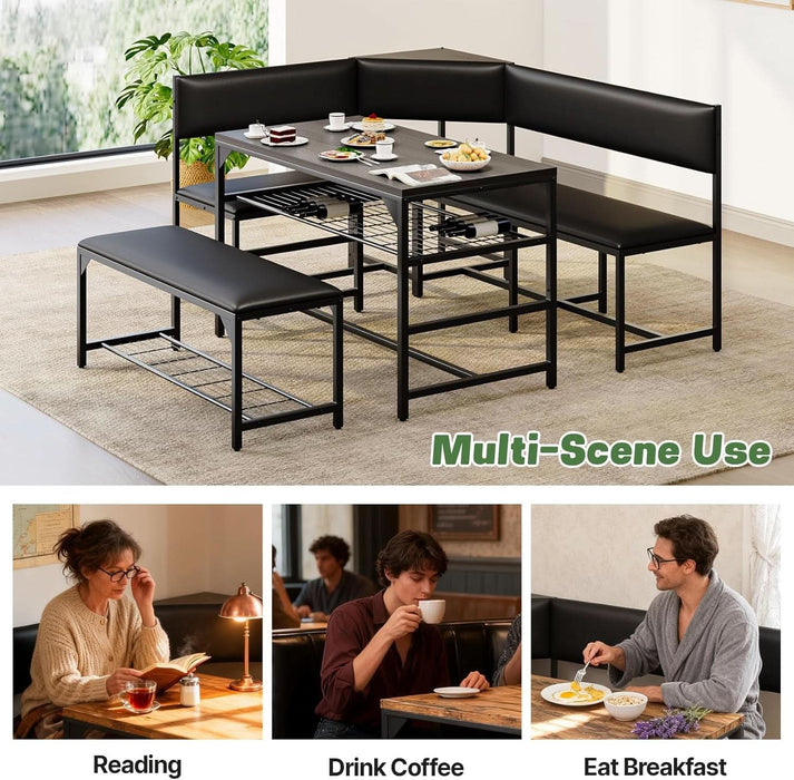 Kitchen Breakfast Nook Table Set with Soft Seat, Corner Dining Table Set for 4-6 People, Dining Room Sets for 4, Space Saving Kitchen Booth Seating with Table for Small Space, Deep Grey