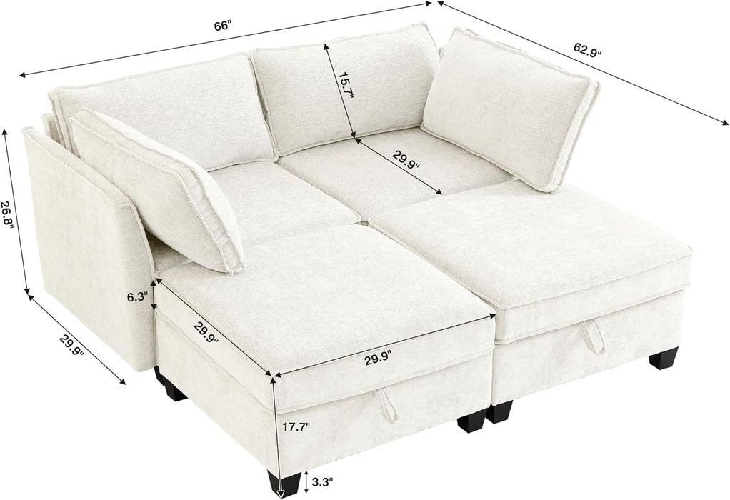 Beige Modular Sectional Sofa Featuring Sleeper Storage