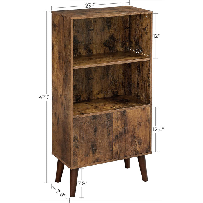 Bookcase, 2-Tier Retro Bookshelf with Doors, Storage Cabinet for Books, Photos, Decorations in Living Room, Office, Study, Mid-Century Style, Rustic Brown ULBC09BX