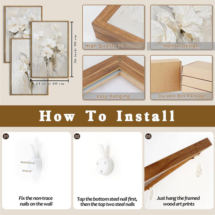 Extra Large Beige Floral Framed Wall Art 24X36 Inch Neutral White Flower Canvas Wall Art Farmhouse Wildflower Botanical Artwork for Living Room Bedroom Dining Room Set of 3