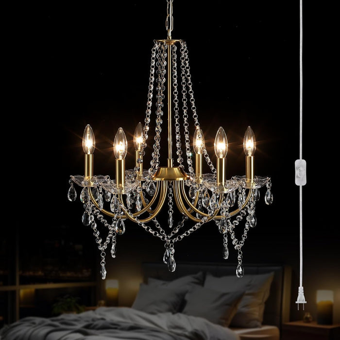 Gold Crystal Plug In ChandelierCrystalPendant 6 Light