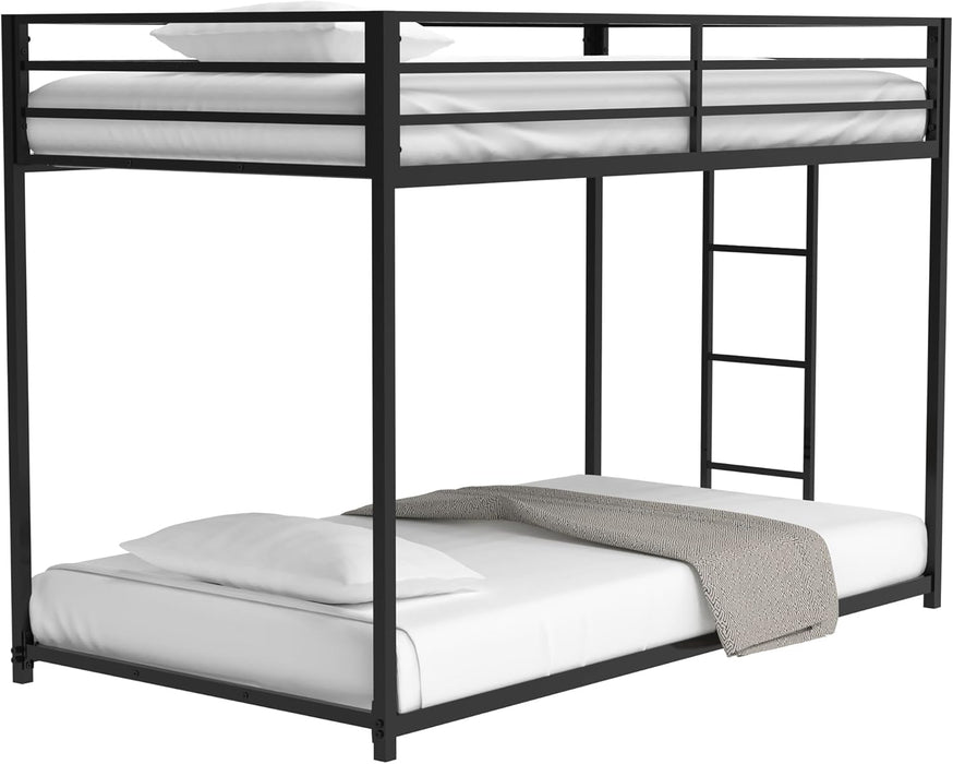 Twin Bunk Bed with Stable Ladder, Twin over Bed Frame with Full-Length Guardrail, Low Platform Bed Frame for Adults, Teens, Boys,Girls, No Box Spring Needed, Black