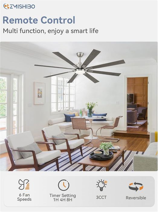 72 Inch Brushed Nickel Modern Ceiling Fans with Lights and Remote, Indoor/Outdoor Ceiling Fan for Living Room Patio, 6 Speed Reversible Quiet DC Motor, 3 CCT, Dual Finish Blades