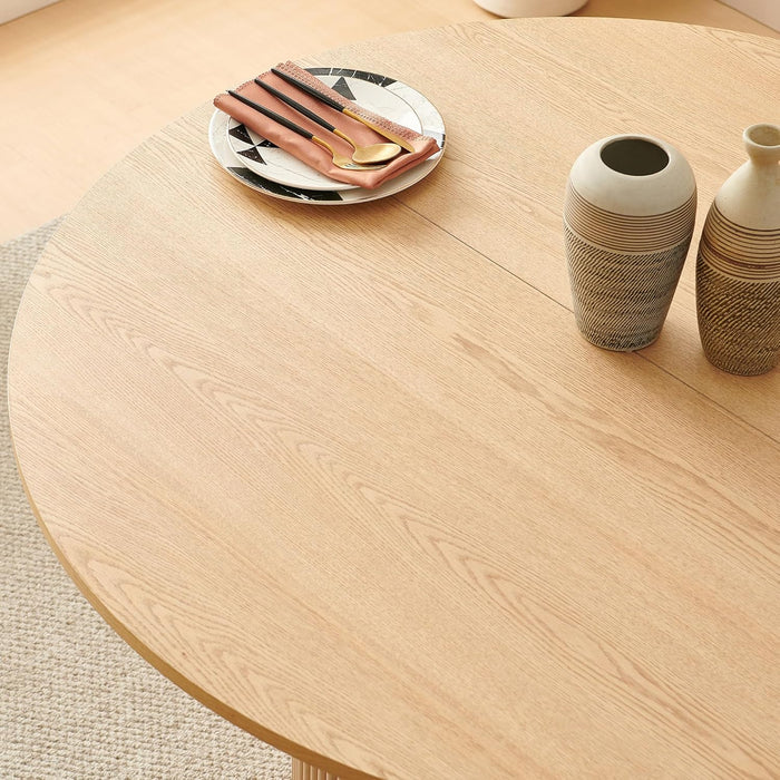 5-Piece Dining Set, Space-Saving Farmhouse Table & Chair Set for 4, 47-Inch round Dinner Table Set, Boucle Padded Seat, Curved Backrest - Beige and Oak