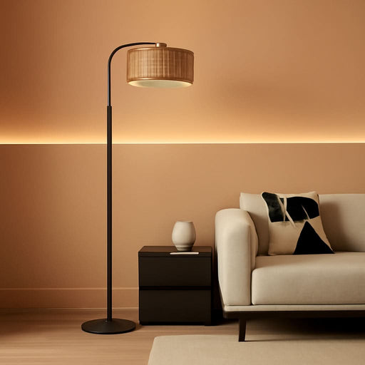 Arc Floor Lamp for Living Room，Boho Standing Lamp with Rattan & Fabric Shades,Farmhouse Floor Lamps with Foot Switch，Adjustable Tall Lamp for Bedroom, Office,Led Bulb Included