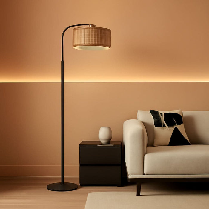 Arc Floor Lamp for Living Room，Boho Standing Lamp with Rattan & Fabric Shades,Farmhouse Floor Lamps with Foot Switch，Adjustable Tall Lamp for Bedroom, Office,Led Bulb Included