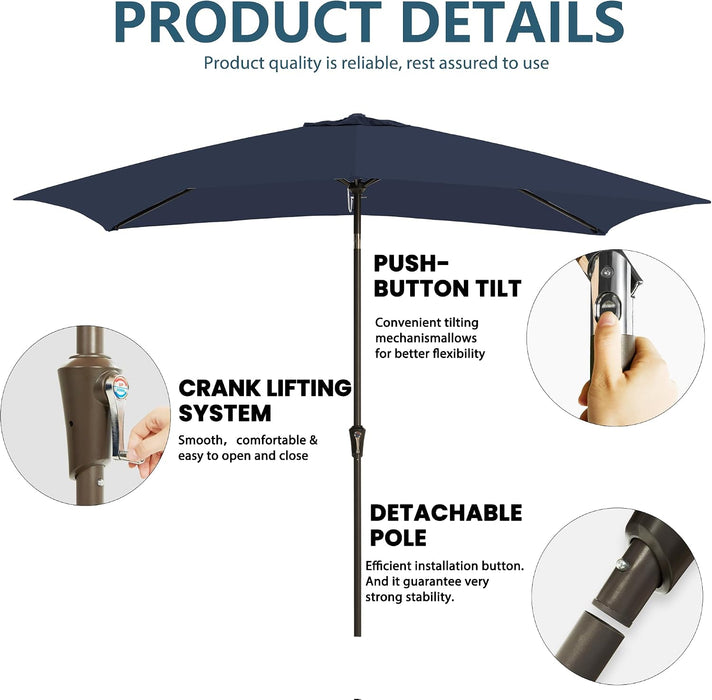 6.5 Rectangular Patio Umbrella Outdoor Deck Umbrella Rectangle Navy | 6 Ribs Frame Rush-Button Tilt Easy Crank. UPF50+ Waterproof Canopy. Works with Outdoor Table, Backyard, Pool.