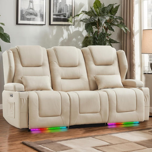 RV Power Loveseat Recliner Sofa, Leathaire Fabric 3-Seater Wall Hugger Reclining Sofa, Home Theater Seating Chair with Cup Holders, 3 Person Couch RV Furniture for Living Room, Beige
