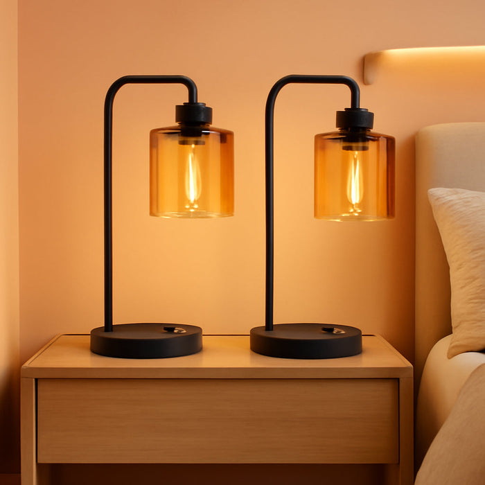 Industrial Touch Nightstand Lamps for Bedrooms Set of 2 - 3-Way Dimmable Table Lamps with USB C+A Ports and Outlet, Bedside Lamps with Amber Glass Shade for Living Room, Desk Lamps for Home Office