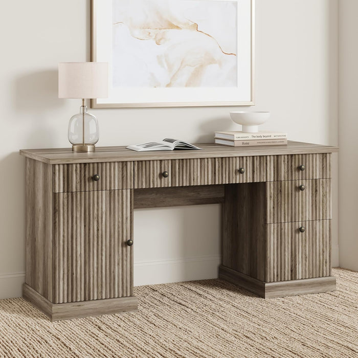Fluted Home Office Desk Storage, 60" Modern Executive Desk with Charging Station, Wooden Computer Writing Desk with File Cabinet & Drawers for Study, Living Room, Bedroom