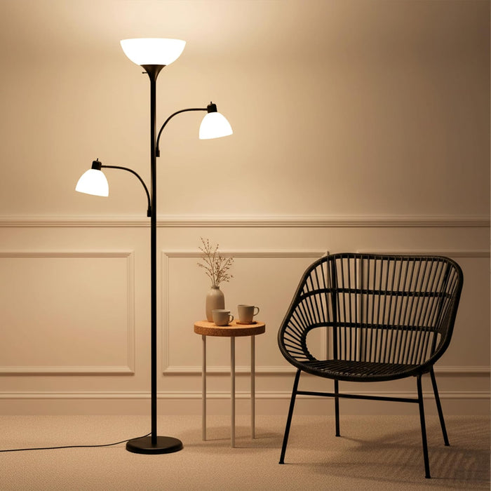 Sky Dome Double LED Floor Lamp, Torchiere Super Bright Floor Lamp with 2 Reading Lamps for Living Rooms & Offices - Dimmable Tall Standing Lamp for Bedroom Reading - Tall Black Pole