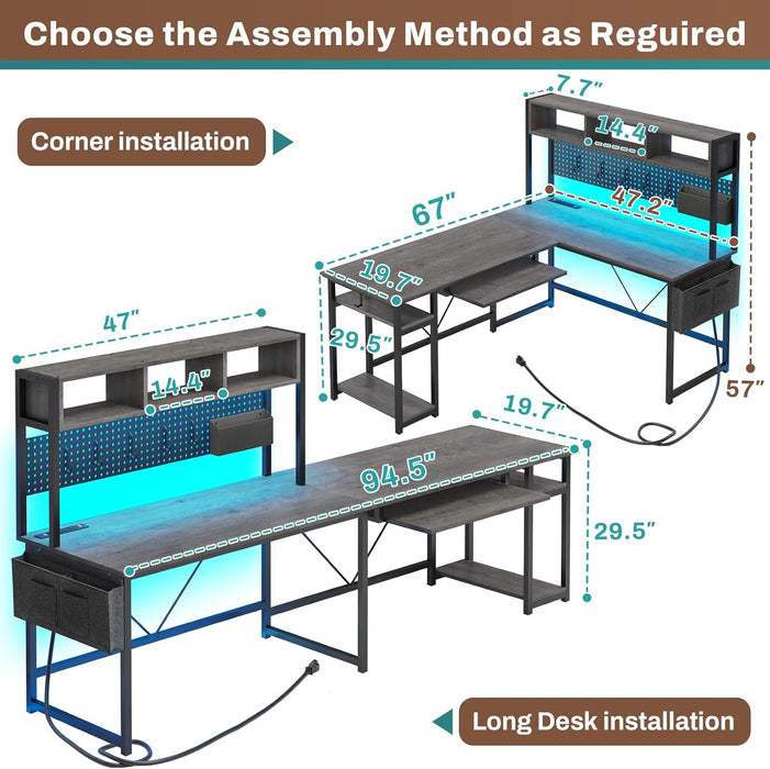 L Shaped Desk, 94.5 Inch Home Office Desk with Power Outlet & Pegboard, L Shaped Gaming Desk with LED Light, Keyboard Tray, Storage Shelves and Headphone Hook for Home Office, Grey