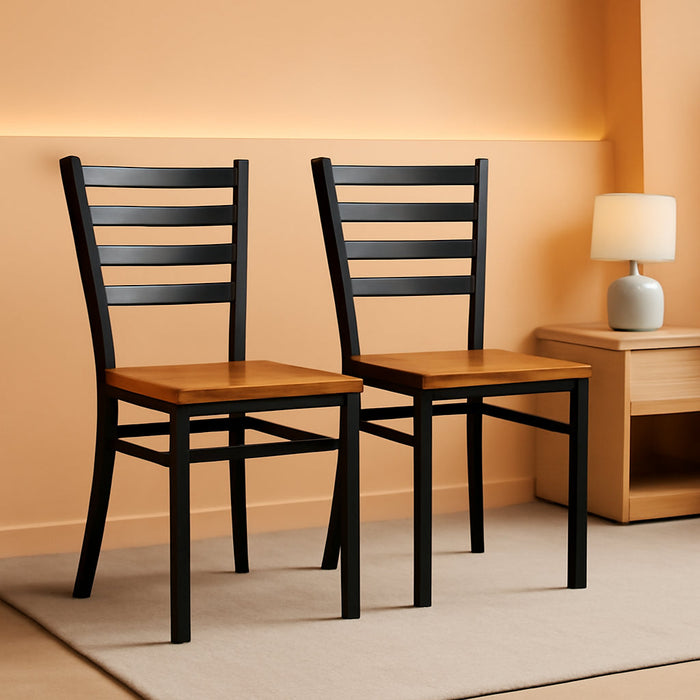 2 Pack HERCULES Series Black Ladder Back Metal Restaurant Chair - Cherry Wood Seat