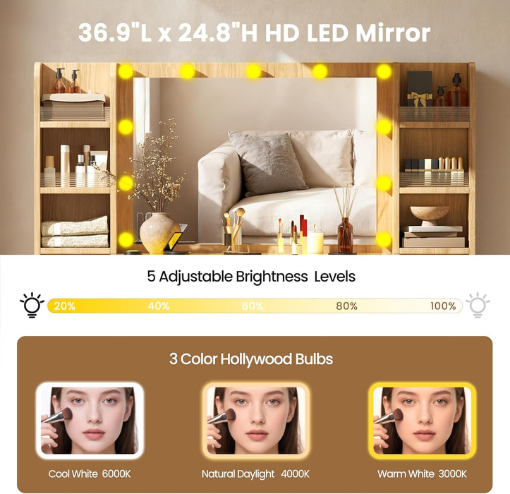 56'' Fluted Makeup Vanity Desk with Large 36" Mirror & Hollywood Bulbs, Smart RGB Lights, Glass Top Vanity with 8 Open Shelves, 2 RGB Drawers & Acrylic Cabinets, Big Vanity with Charging Station, Oak