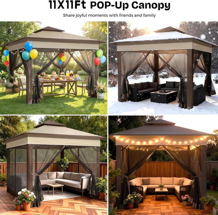 11X11 Pop up Gazebo Tent with Netting,Outdoor Canopy Shelter Easy Setup with Upgrade Wheeled Storage Bag,3 Height Positions& Water-Resistant for Family Patio & Garden Use (Khaki)