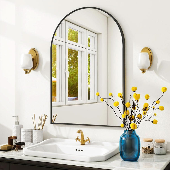 Arched Wall Mirror, 24 X 36 Inch Arch Bathroom Mirror, Wall Mounted Vanity Mirror with Arch Metal Frame, Modern Bathroom Vanity Mirror for Bedroom, Living Room, Hanging or Leaning, Black