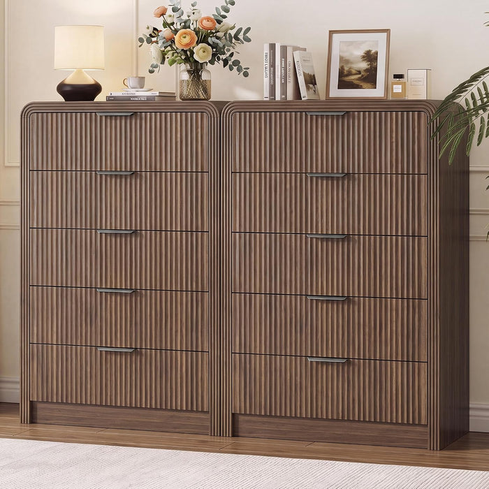 Fluted Wood Dresser 5 Drawers 48" Tall Curved Modern Chest Organizer