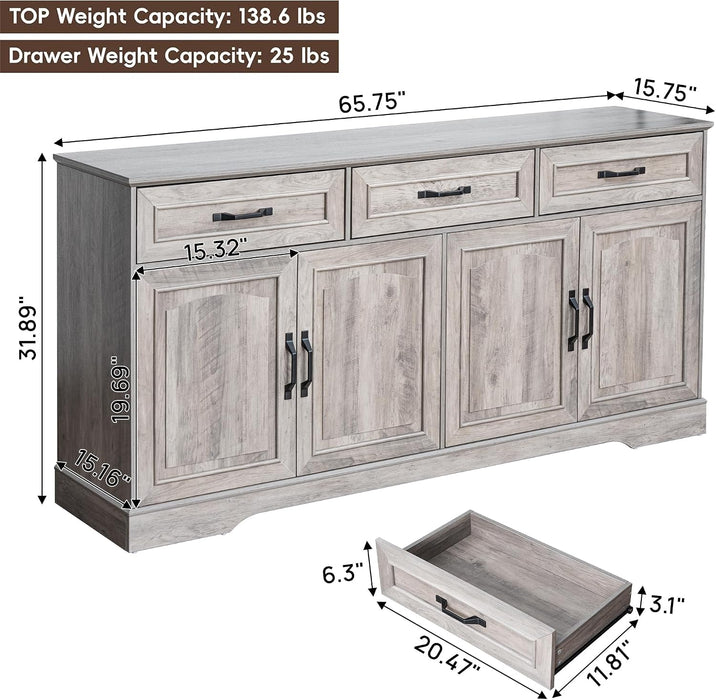 66" Large Sideboard Buffet Cabinet with Storage, Farmhouse Buffet Sideboard | Grey Coffee Bar, Wine Bar, Rustic Kitchen Storage Cabinet with Drawers, Weathered Ash, Ample Storage Space, Adjustable Shelf