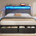 Queen Bed Frame with 2 Drawers, Upholstered Headboard with Storage and Charging Station, LED Lights, Fabric Drawers with Wheels, under Bed Storage, No Box Spring Needed, Easy Assembly, Grey