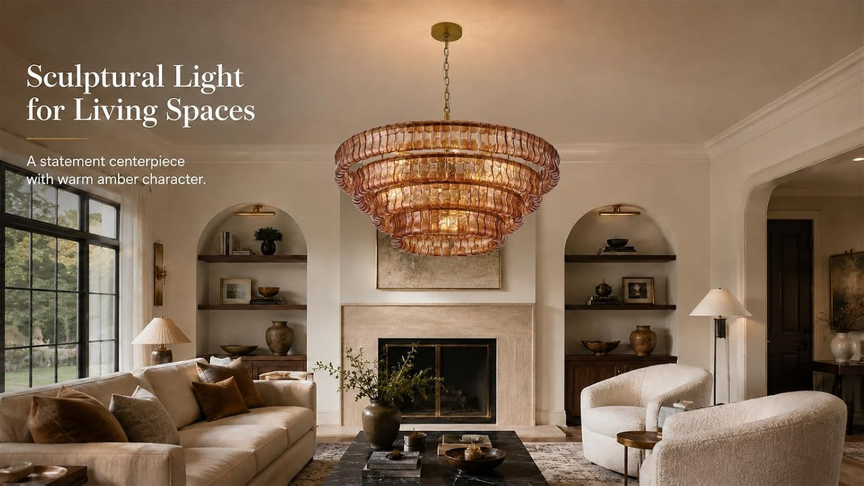 4-Tier 40 Inch Amber Crystal Glass Chandeliers, Modern round Luxury 10 Lights Hanging Pendant Light Fixture, for Dining Living Room, Bedroom, Foyer, Entryway(Included E12 Bulbs)