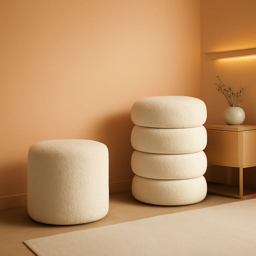 Round Set of 2 Sherpa Storage Ottoman Stool Boucle Vanity Stool Footstool with Removeable Lid Load up to 440 Lbs for Livingroom Bedroom White UASND68W