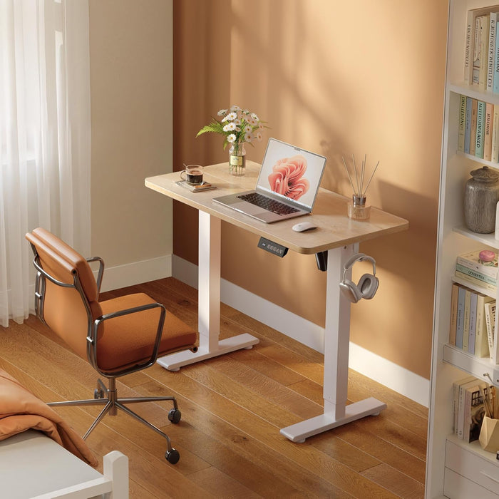 Standing Desk, 32" Small Sit Stand Home Office Desk, Electric Stand up Desk, Adjustable Desk with Splice Board, White Frame/Maple Top