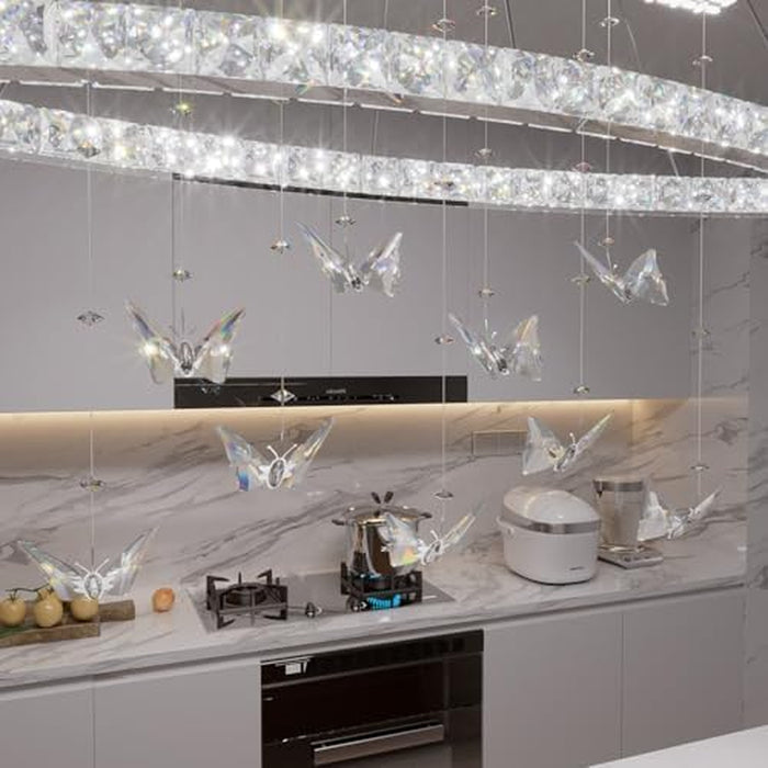 32 Inch Silver Crystal Butterfly Chandelier, Adjustable Hanging Linear Chandeliers, Oval Rings Chandelier for Dining Room, Living Room, Foyer