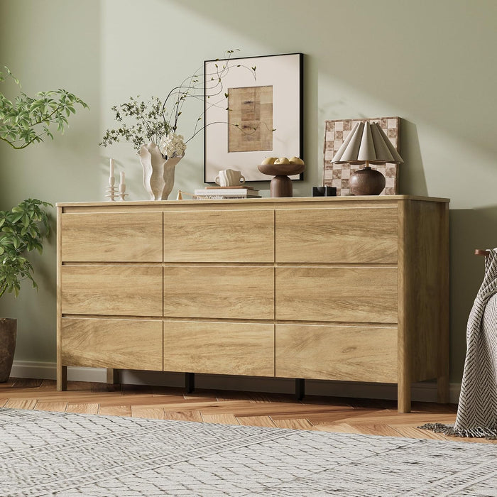 Oak 9 Drawer Dresser for Bedroom, 63" Wide Modern Wood Dresser