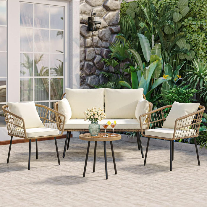 4-Piece Wicker Patio Furniture Set, All-Weather Rattan Conversation Set, Outdoor Balcony Bistro Set with Loveseat Chairs Table Soft Cushions for Backyard, Pool, Deck, Garden - Beige