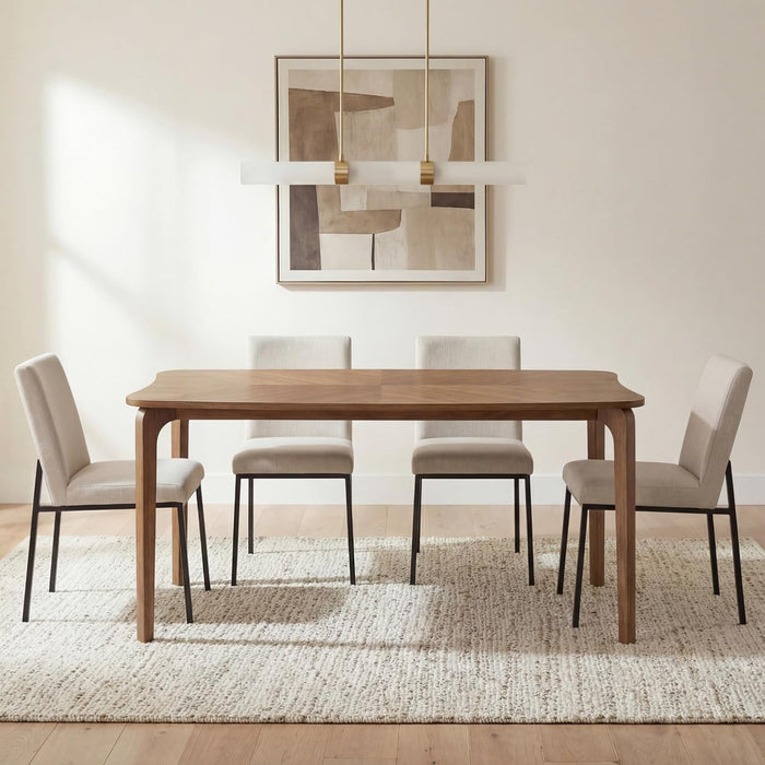 Mid-Century Modern Walnut Color Dining Table, 63" Rectangular Kitchen Table with Solid Wood Legs, Curved Edges, 6-Person Table for Dining Room Living Room Kitchen