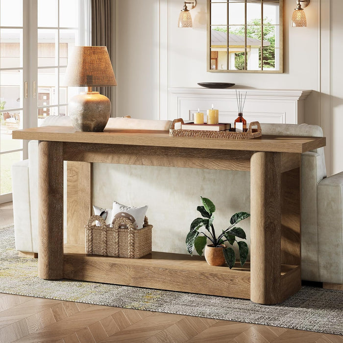 63-Inch Farmhouse Console Table, 2-Tier Storage Sofa Table behind the Couch, Narrow Long Entryway Furniture for Home Hallway, Entrance, Living Room, Brown