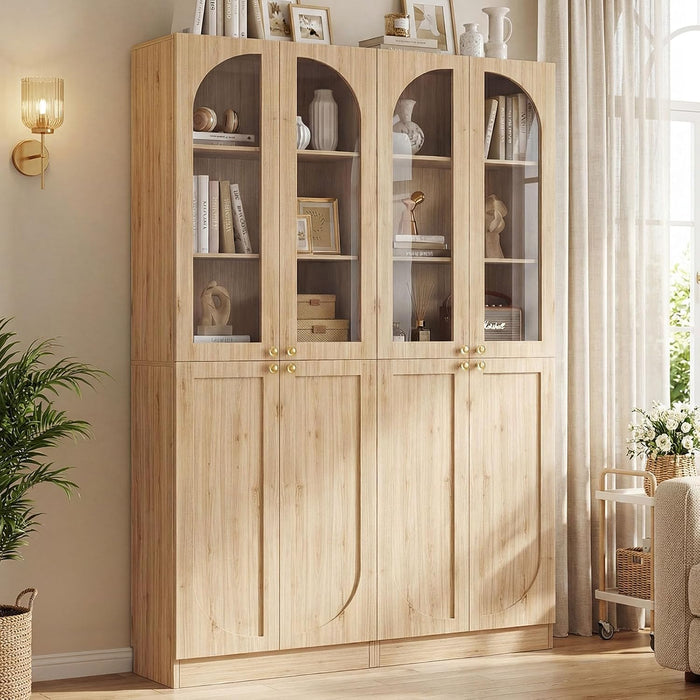 80" Arched Bookcase with Tempered Glass & Soft Close Doors, 2 Set | Tall Bookshelf with Storage, Wooden 6-Tier Pantry Cabinet with Seamless Fit Wall for Home Office, Living Room, Kitchen